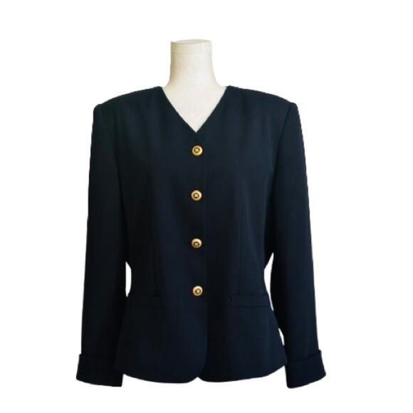 Le Suit Blazer Navy Blue Gold Buttons Cuffed Sleeve Career Jacket Size 12 - Picture 12 of 12
